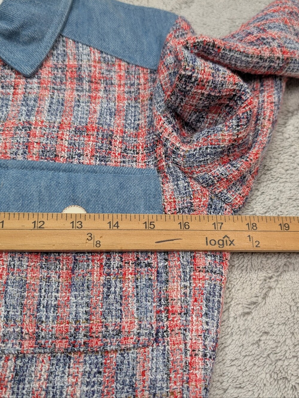 House of Harlow 1960 Jacket Womens XS Blue Red Denim Tweed Crop Preppy Retro - Picture 5 of 8